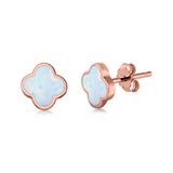 Clover Flower Stud Earring Rose Tone, Lab Created White Opal 925 Sterling Silver (6.20mm)