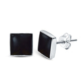 Square Shape Stud Post Tiny Earring Solid Simulated Black Onyx 925 Sterling Silver (6mm-8mm)