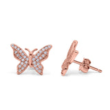 Butterfly Stud Earrings Rose Tone, Simulated CZ 925 Sterling Silver (14mm)