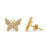 Butterfly Stud Earrings Yellow Tone, Simulated CZ 925 Sterling Silver (14mm)