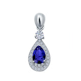 Halo Teardrop Pendant Simulated Blue Sapphire CZ 925 Sterling Silver (26mm)