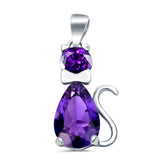 Teardrop Cat Pendant Charm Pear Simulated Amethyst CZ 925 Sterling Silver