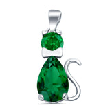 Teardrop Cat Pendant Charm Pear Simulated Green Emerald CZ 925 Sterling Silver