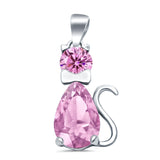 Teardrop Cat Pendant Charm Pear Simulated Pink CZ 925 Sterling Silver