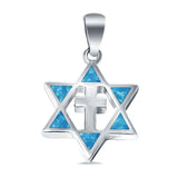 Lab Created Blue Opal Star of David with Cross 925 Sterling Silver Charm Pendant