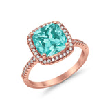 Halo Engagement Ring Accent Cushion Rose Tone, Simulated Paraiba Tourmaline CZ 925 Sterling Silver