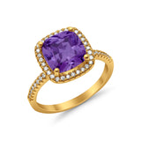 Engagement Ring Solitaire Cushion Yellow Tone, Simulated Amethyst CZ 925 Sterling Silver