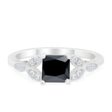 Art Deco Design Engagement Ring Princess Cut Simulated Black CZ 925 Sterling Silver