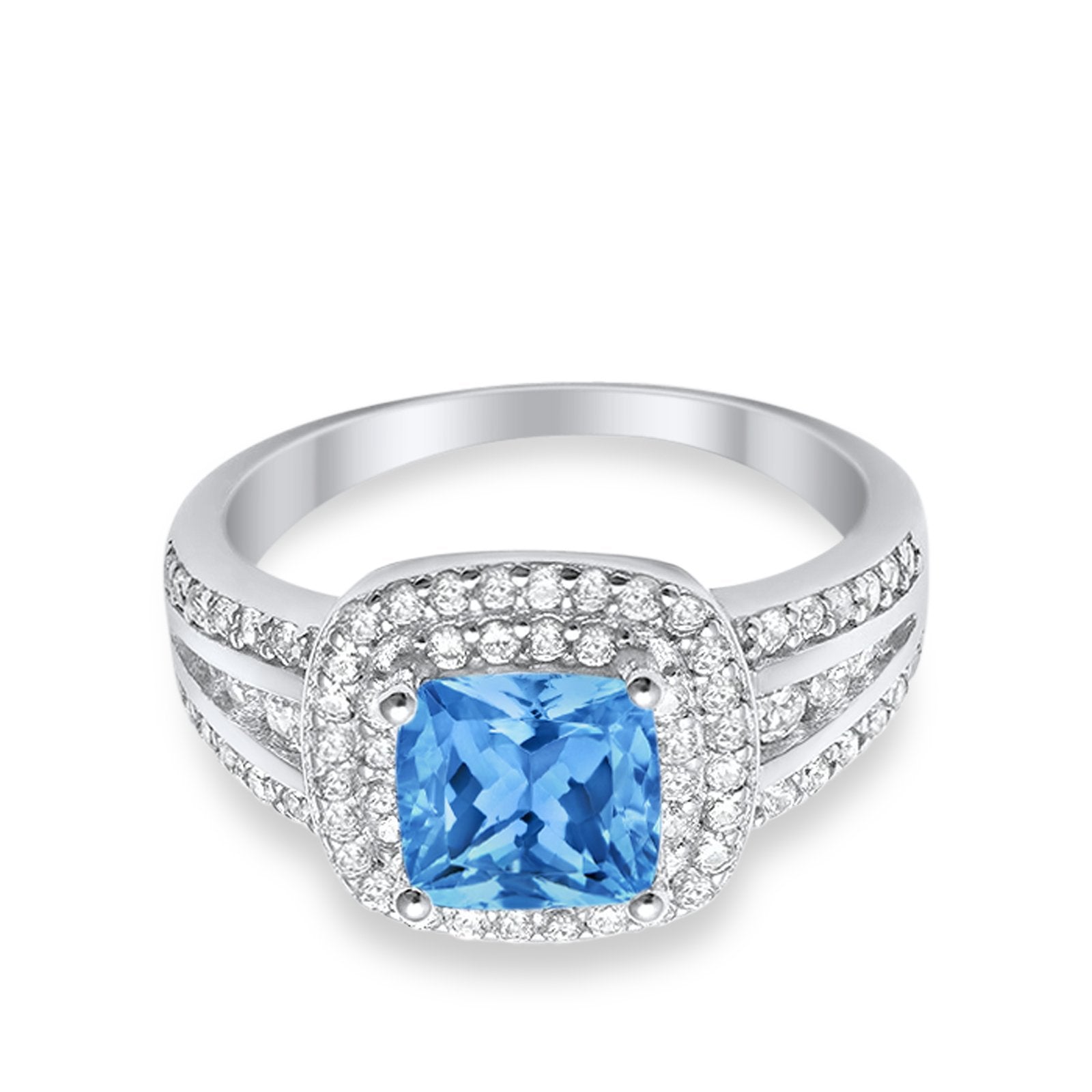 Halo Art Deco Wedding Ring Princess Cut Round Simulated Blue Topaz CZ 925 Sterling Silver