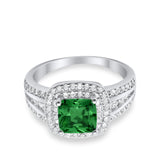 Halo Art Deco Wedding Ring  Round Simulated Green Emerald CZ 925 Sterling Silver