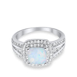 Halo Art Deco Wedding Ring Princess Cut Lab Created White Opal 925 Sterling Silver