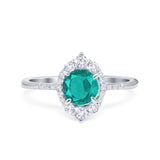 Halo Engagement Ring Vintage Round Simulated Paraiba Tourmaline CZ 925 Sterling Silver