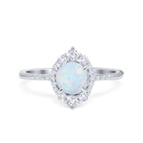 Halo Engagement Ring Vintage Round Lab Created White Opal 925 Sterling Silver