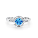 Halo Art Deco Engagement Ring Round Simulated Blue Topaz CZ 925 Sterling Silver