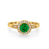 Halo Art Deco Engagement Ring Round Yellow Tone, Simulated Green Emerald CZ 925 Sterling Silver