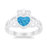 Irish Claddagh Celtic Style Ring Lab Created Blue Opal 925 Sterling Silver