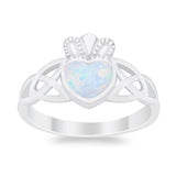 Irish Claddagh Celtic Style Ring Lab Created White Opal 925 Sterling Silver