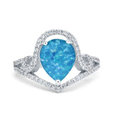 Halo Pear Shape Wedding Engagement Ring Lab Created Blue Opal 925 Sterling Silver