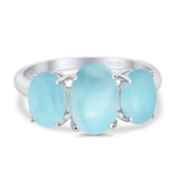 3-Stone Oval Simulated Larimar Fashion Ring 925 Sterling Silver