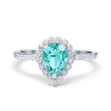 Teardrop Pear Halo Engagement Ring Simulated Paraiba Tourmaline CZ 925 Sterling Silver