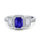 Emerald Cut Halo Engagement Ring Simulated Blue Sapphire CZ 925 Sterling Silver