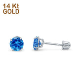 14k White Gold Round Solitaire Stud Earrings with Screw Back Simulated Blue Topaz Cubic Zirconia