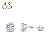14k White Gold Round Solitaire Stud Earrings with Screw Back Simulated Cubic Zirconia