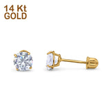 14k Yellow Gold Round Solitaire Stud Earrings with Screw Back Simulated Cubic Zirconia