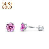 14k White Gold Round Solitaire Stud Earrings with Screw Back Simulated Pink Cubic Zirconia