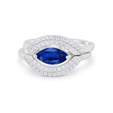 Two Piece Marquise Wedding Engagement Bridal Ring Band Simulated Blue Sapphire CZ 925 Sterling Silver