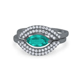 Two Piece Marquise Wedding Bridal Ring Band Black Tone, Simulated Paraiba Tourmaline CZ 925 Sterling Silver