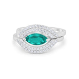 Two Piece Marquise Wedding Engagement Bridal Ring Band Simulated Paraiba Tourmaline CZ 925 Sterling Silver