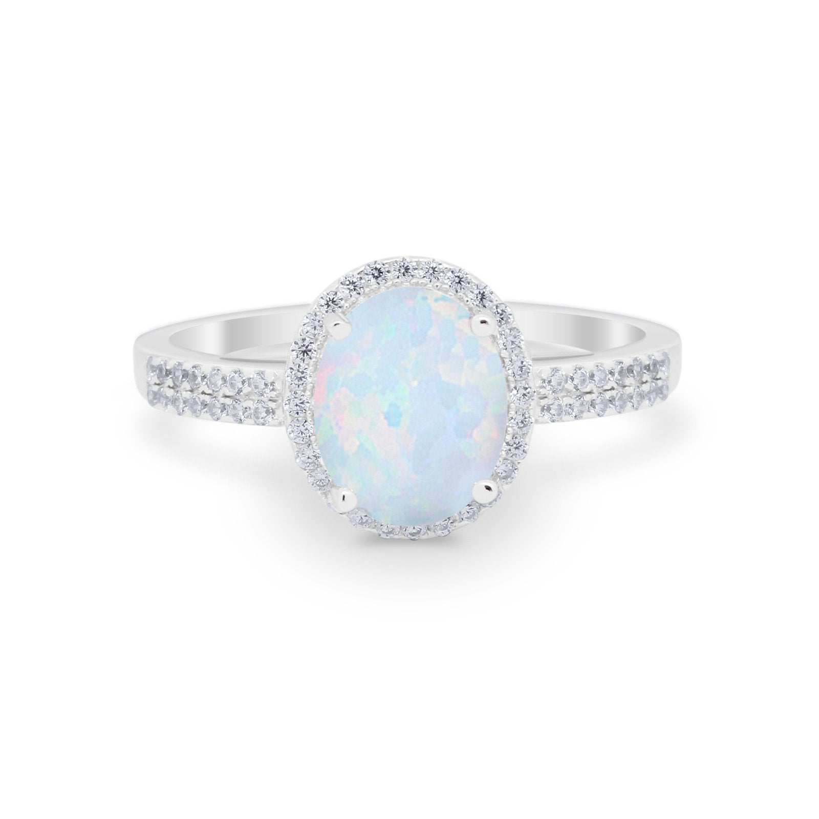 Oval  Engagement Ring Round Lab Created White Opal 925 Sterling Silver