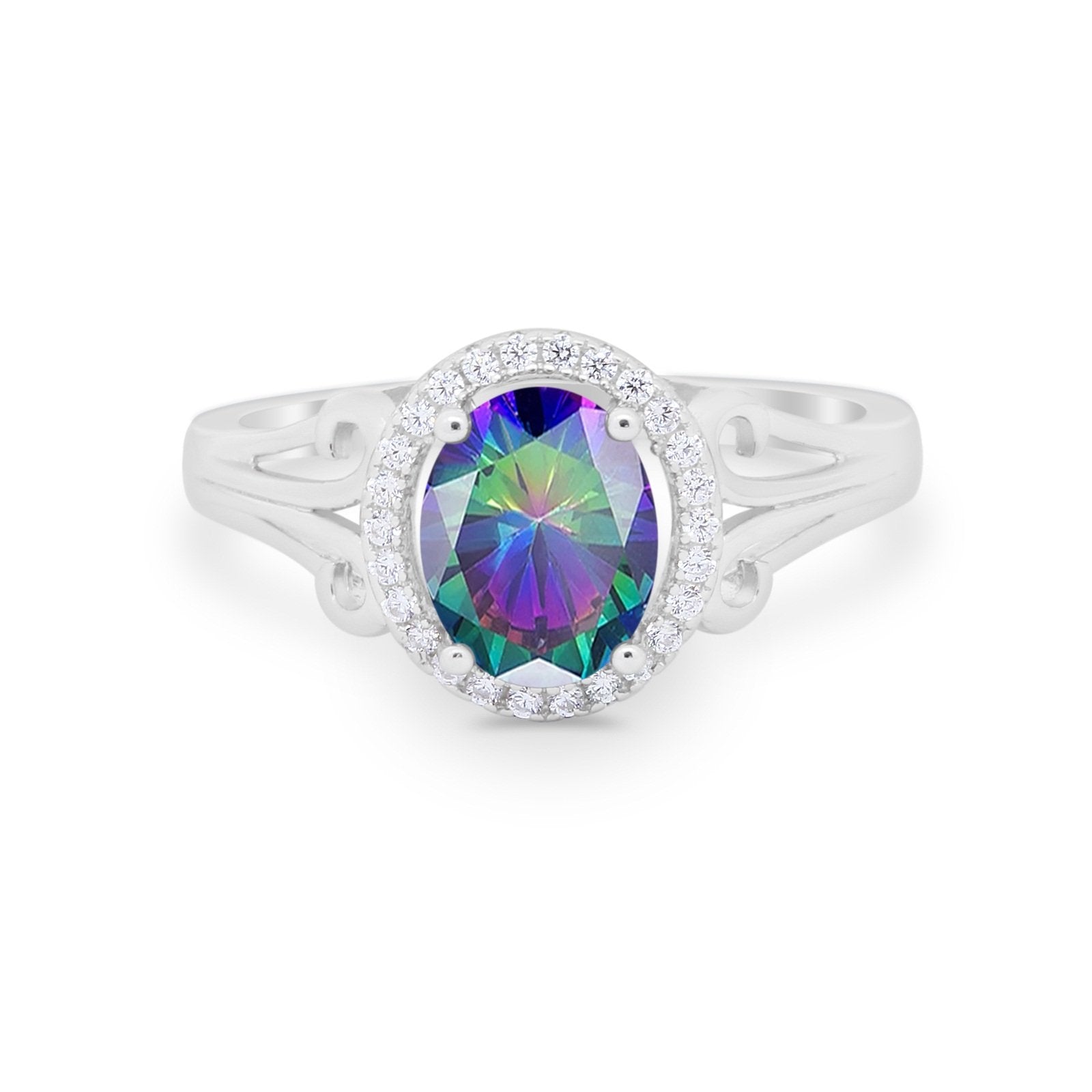 Halo Filigree Oval Wedding Ring Round Simulated Rainbow CZ 925 Sterling Silver
