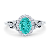 Oval Engagement Ring Halo Simulated Paraiba Tourmaline CZ 925 Sterling Silver