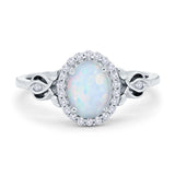 Oval Engagement Ring Halo Lab Created White Opal 925 Sterling Silver