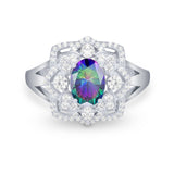 Art Deco Oval Wedding Ring Simulated Rainbow CZ 925 Sterling Silver