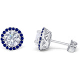 Halo Bridal Stud Earrings Engagement Round Simulated Cubic Zirconia & Blue Sapphire 925 Sterling Silver