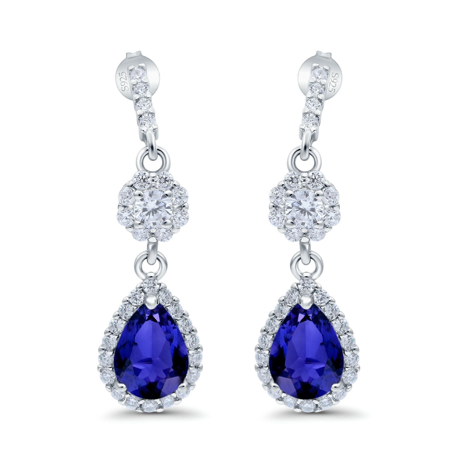 Halo Dangle Drop Earrings Pear Simulated Blue Sapphire CZ 925 Sterli