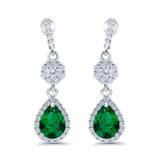 Halo Dangle & Drop Earrings Pear Simulated Green Emerald CZ 925 Sterling Silver