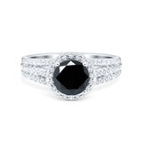 Halo Engagement Ring Accent Dazzling Simulated Black CZ 925 Sterling Silver