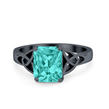 Celtic Engagement Ring Emerald Cut Black Tone, Simulated Paraiba Tourmaline CZ 925 Sterling Silver