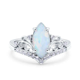 Marquise Art Deco Wedding Bridal Ring Lab Created White Opal 925 Sterling Silver
