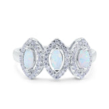 Halo Marquise Three Stone Wedding Bridal Ring Lab Created White Opal 925 Sterling Silver