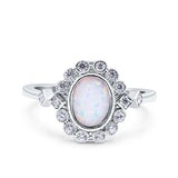 Halo Art Deco Wedding Ring Lab Created White Opal Oval Simulated CZ 925 Sterling Silver