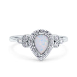 Halo Pear Wedding Ring Lab Created White Opal 925 Sterling Silver