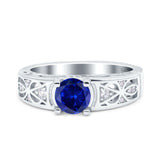 Art Deco Wedding Bridal Ring Band Round Simulated Blue Sapphire CZ 925 Sterling Silver