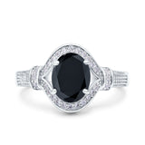 Oval Art Deco Wedding Ring Accent Vintage Simulated Black CZ 925 Sterling Silver