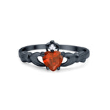 Heart Shape Black Tone, Simulated Garnet CZ Claddagh Wedding Ring 925 Sterling Silver