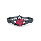 Irish Claddagh Heart Promise Ring Black Tone, Simulated Ruby CZ 925 Sterling Silver